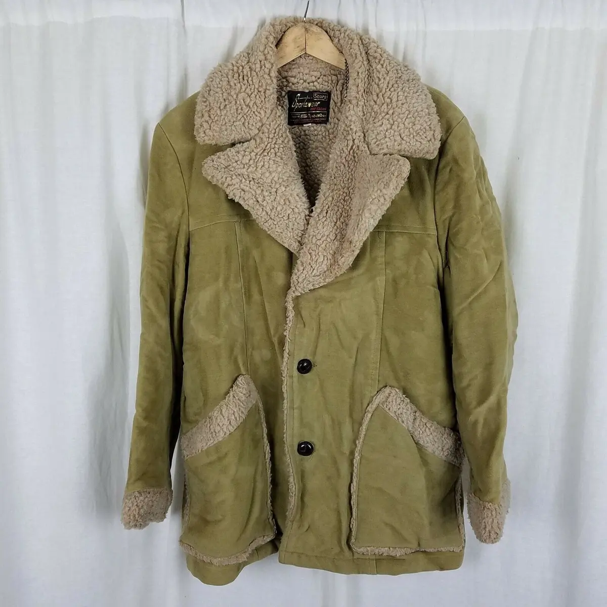 Sears Sportswear Vegan Faux Shearling Suede Western Peacoat Car Coat Mens 40 Tan 1