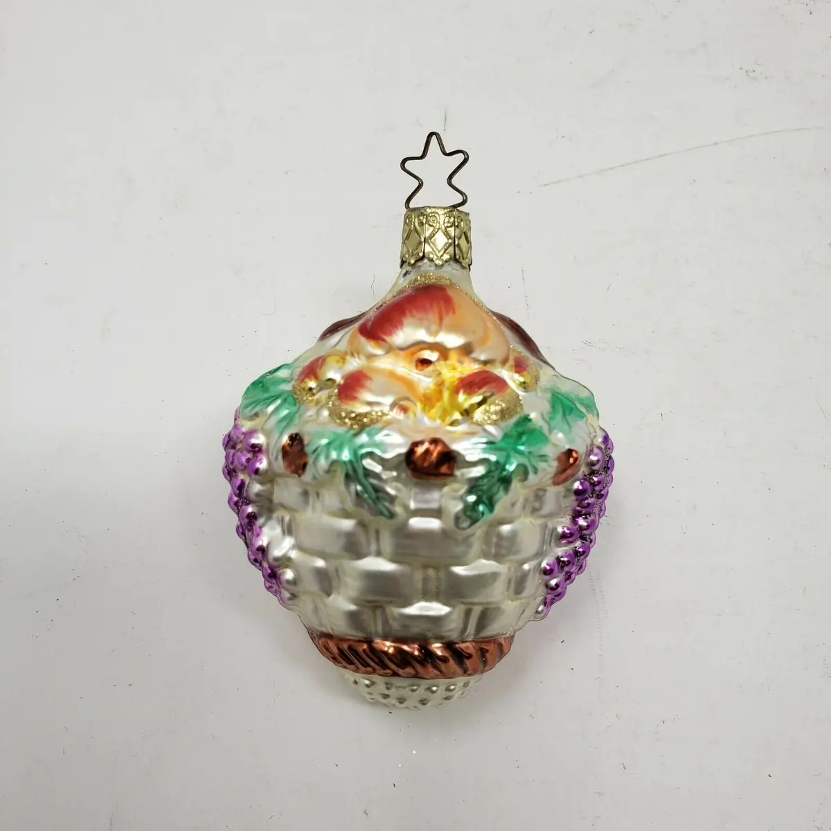 Vintage Painted Glass Flower Fruit Basket Christmas Tree Ornament Spun Blown 4" 1