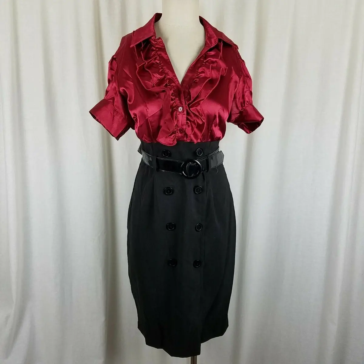 Roulette Colorblock Double Breasted Belted Mini Satin Coat Dress Womens 10 Goth 1