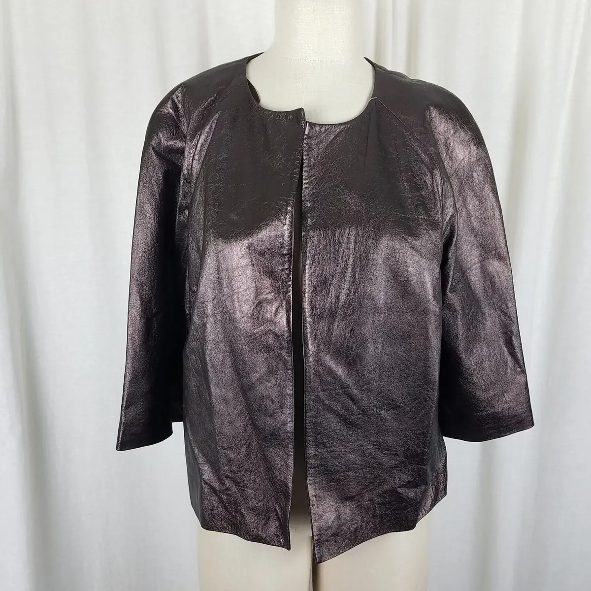 Jones New York Metallic Leather Open Front Evening Jacket Blazer Womens L 1