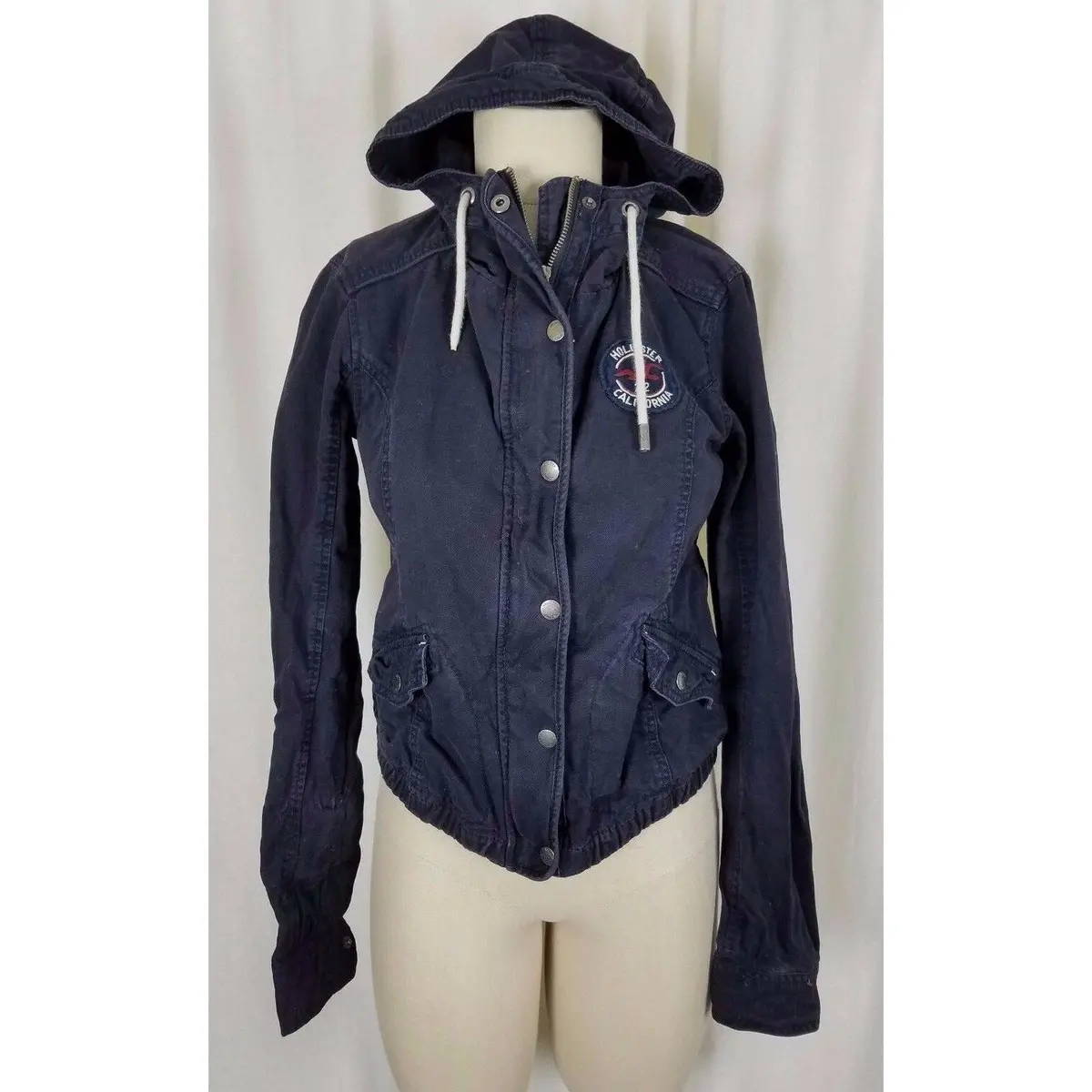 Hollister Hooded Full Zip Up Cotton Canvas Lightweight Jacket Womens M Navy Blue 1