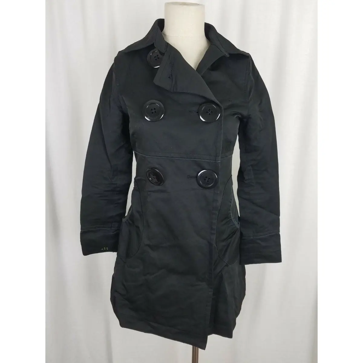 Soia & Kyo S&K Black Double Breasted Swing Trench Coat Womens S Houndstooth Chic 1