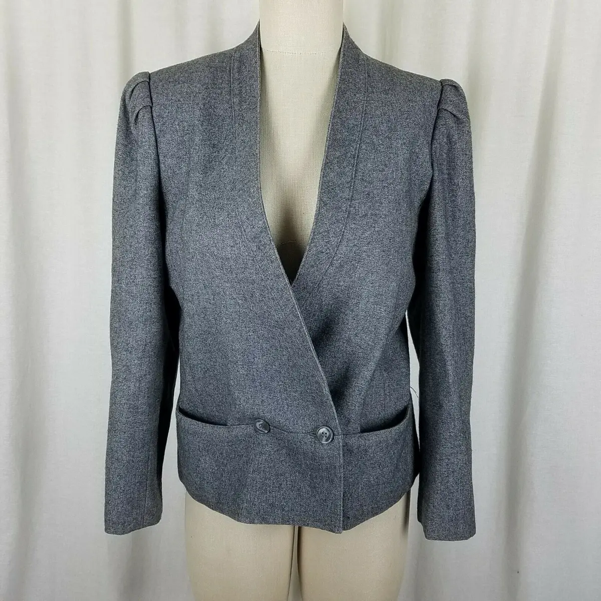 David Benjamin Gray Wool Collarless Wrap Blazer Jacket Womens 12 Vintage 80S 1
