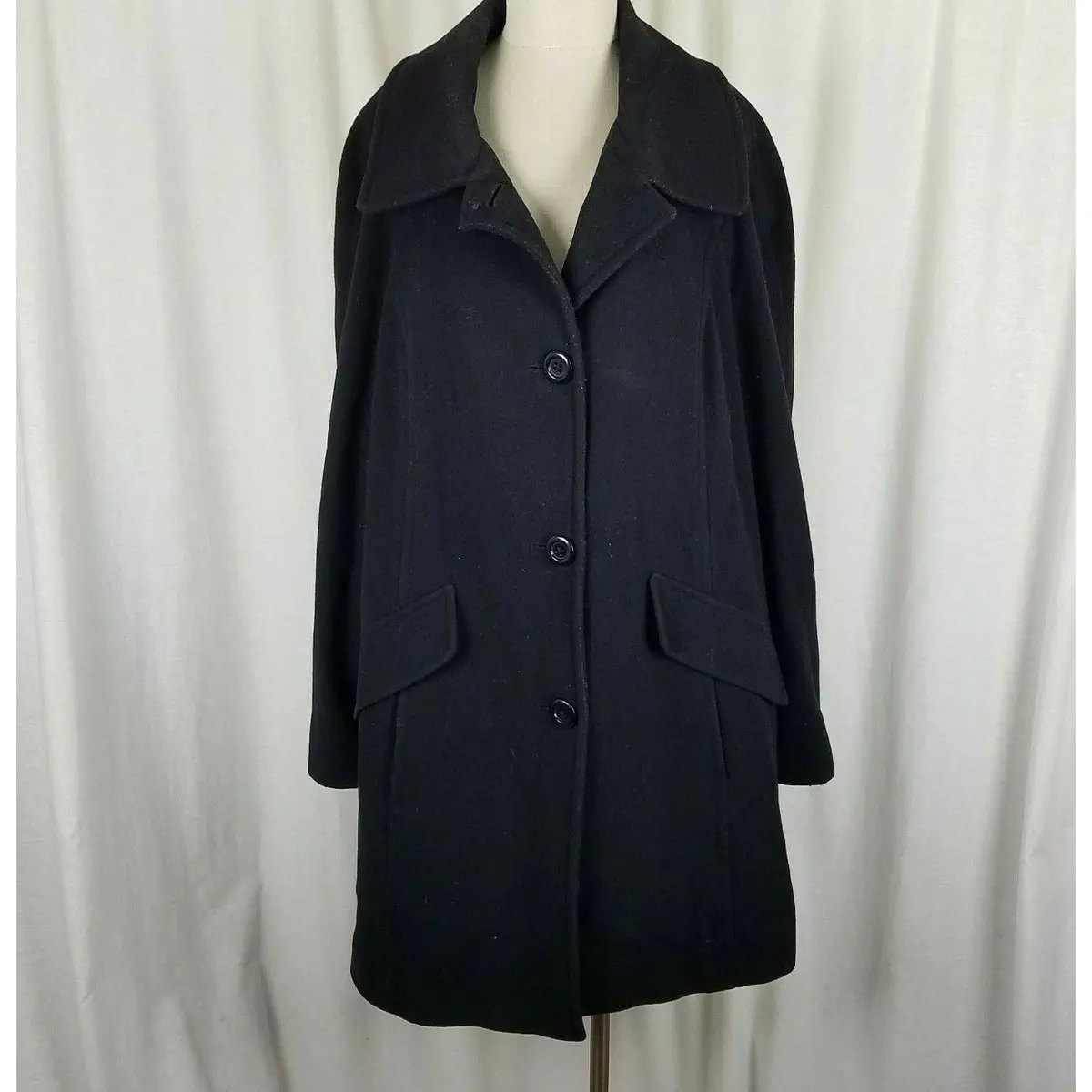 London Fog Black Winter Wool Midi Peacoat Womens 1X Plus Size Dress Coat Vintage 1