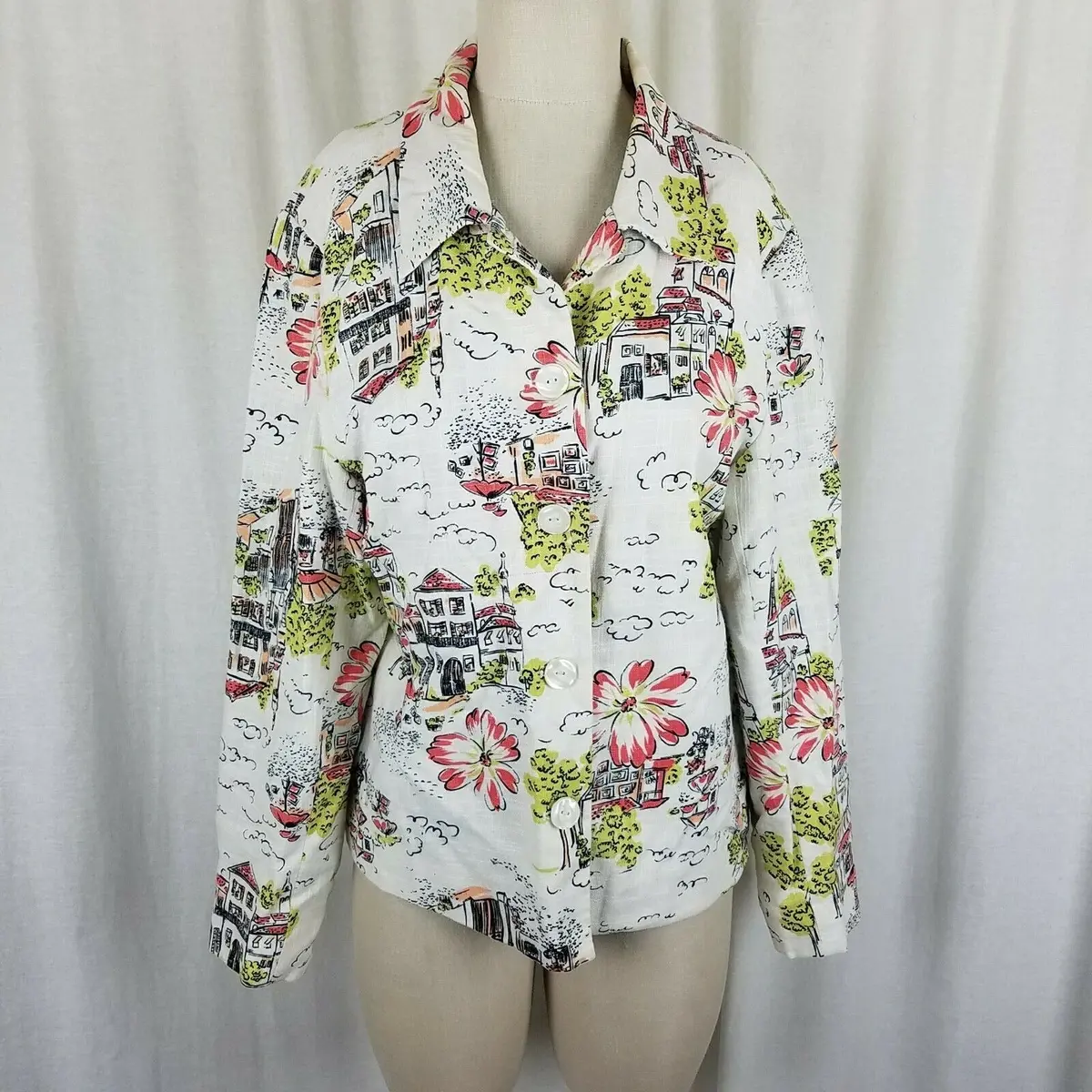 Coldwater Creek Linen Hawaiian City Scape Art To Wear Jacket Blazer Womens Xl 1