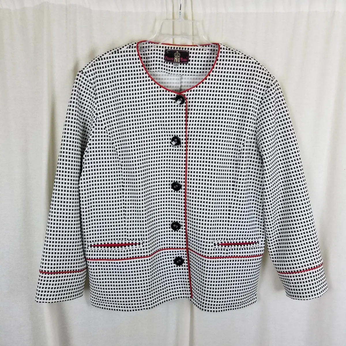 Designer Franz Mari Collarless Black & White Checked Blazer Jacket Womens 58 Xl 1