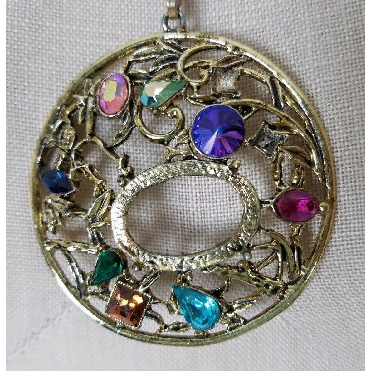 Colorful Jeweled Medallion Pendant Necklace Silver Filigree Statement Charm 2