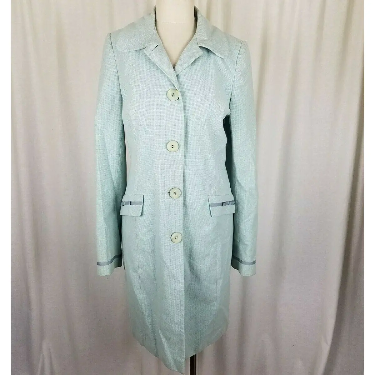 Long Tall Sally Cotton Summer Trench Coat Womens 12 Fitted Light Teal Blue Green 1