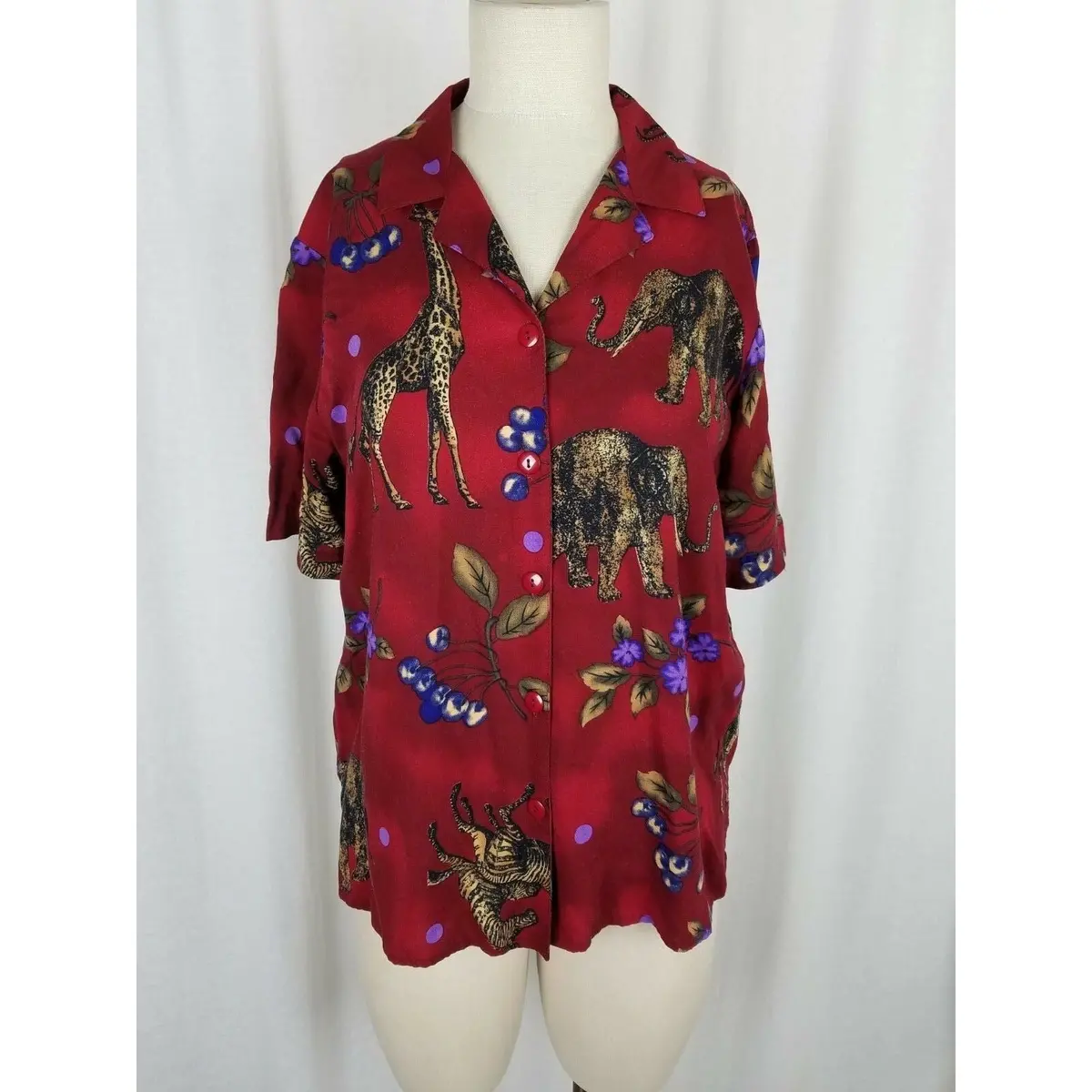 Tapestry Animals Elephants Giraffe Safari Zoo Print Tunic Blouse Top Womens M 1