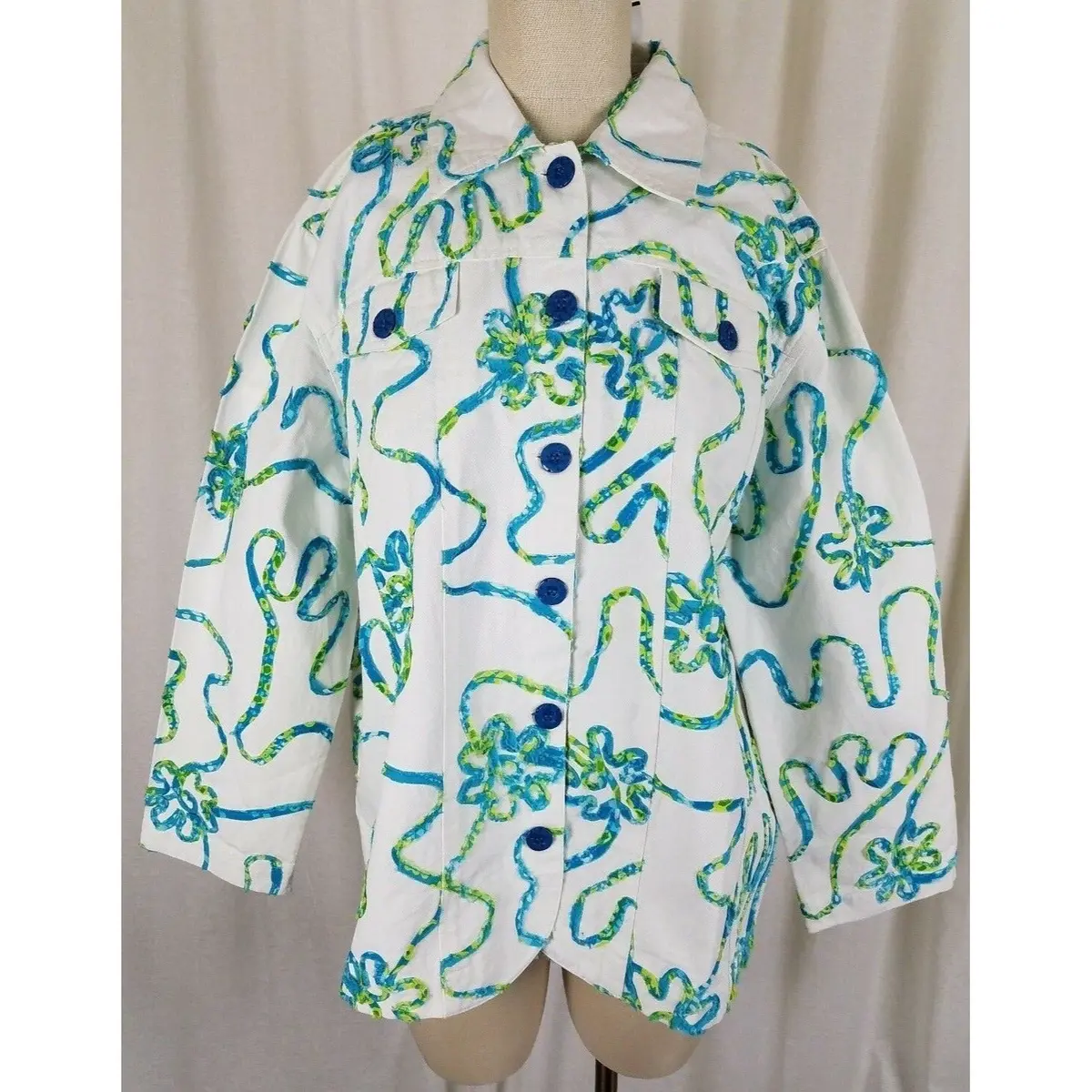 Keren Hart Blue Ribbon Floral White Denim Blue Jean Trucker Jacket Womens 1X 1