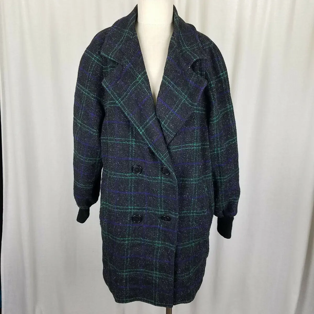 Spencer Douglas Wool 1980S Plaid Peacoat Coat Womens 12 Vintage Knit Cuffs Usa 1