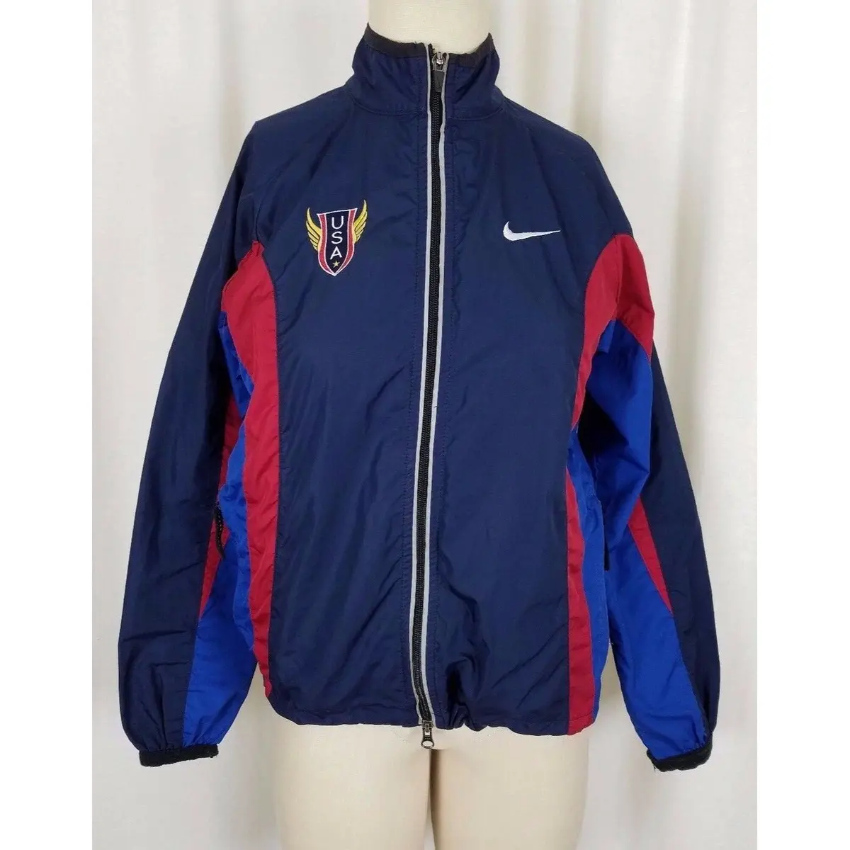 Vintage Nike Usa Usatf Olympic Track & Field Navy Windbreaker Jacket Womens Xs 1