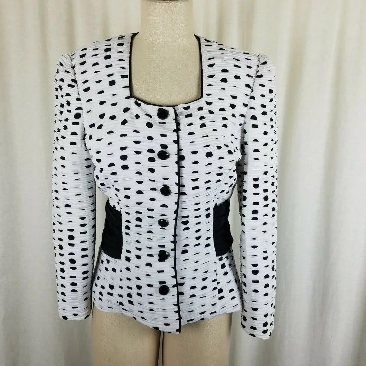 Nolan Miller Avant Garde Black & White Rutched Polka Dots Bow Jacket Womens 6 Hk 1