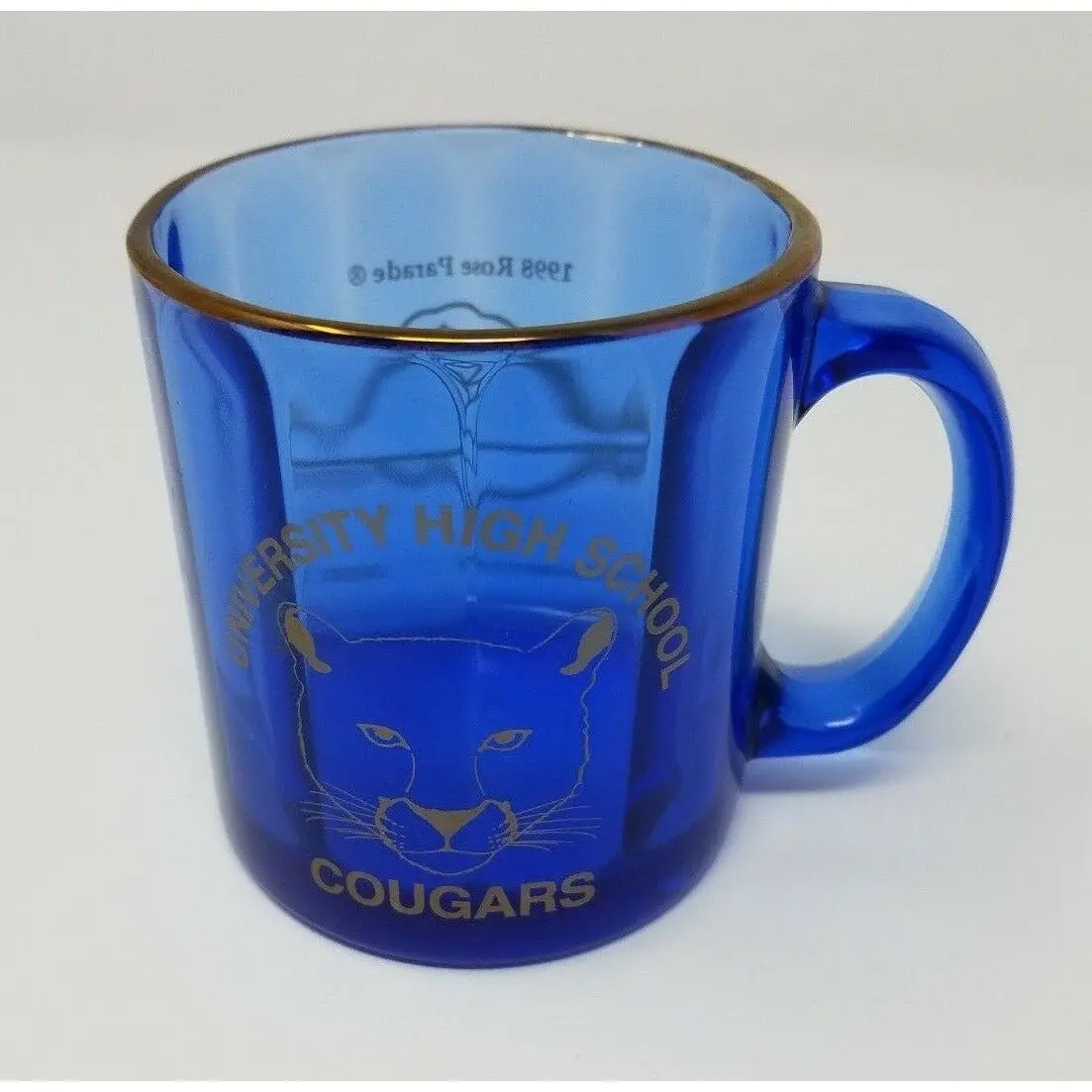 1998 Rose Parade Pasadena University High School Cougars Glass Mug Cobalt Gold 1