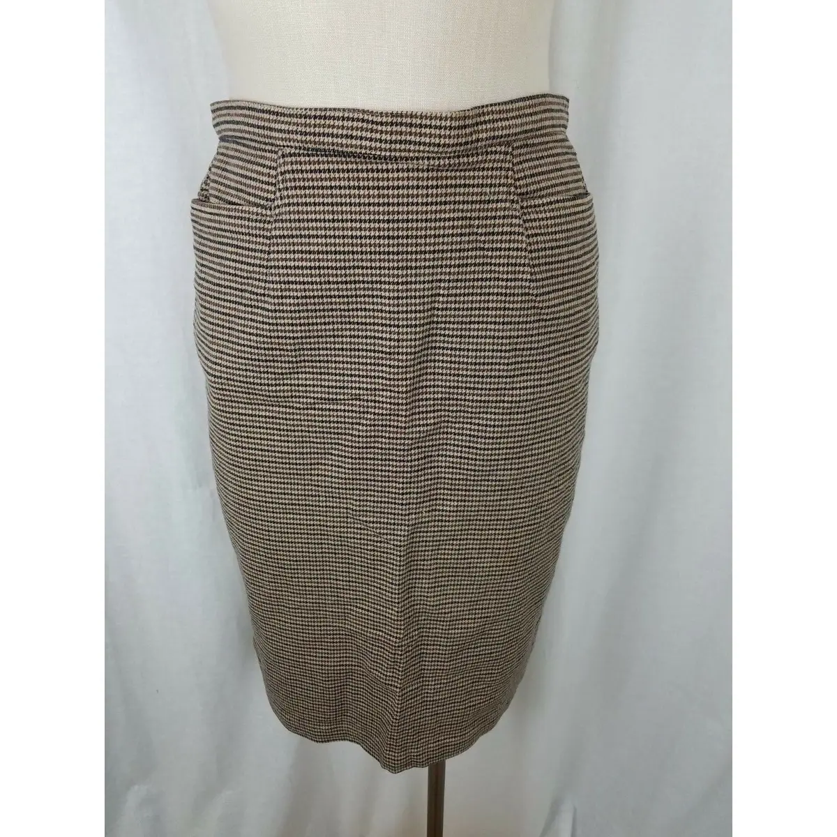 Vintage Lands End Houndstooth Checked Stretch Pencil Skirt Womens 8 Brown Black 1