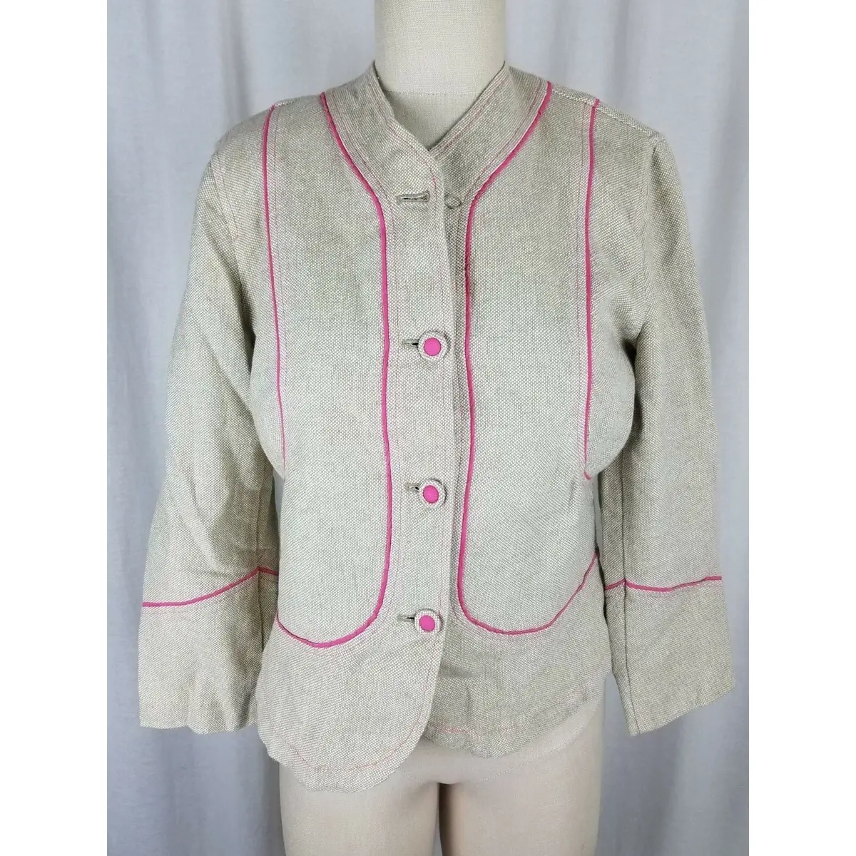 Sigrid Olsen Woven Tan Linen Cotton Pink Piped Button Up Jacket Blazer Womens 8 1