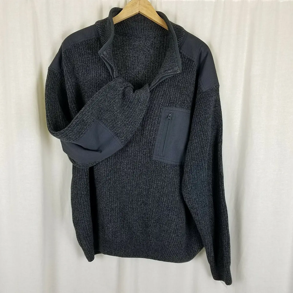 Cabelas Sweater Mens Xl 1/4 Zip Henley Patch Elbows Cotton Ribbed Knit Charcoal 1