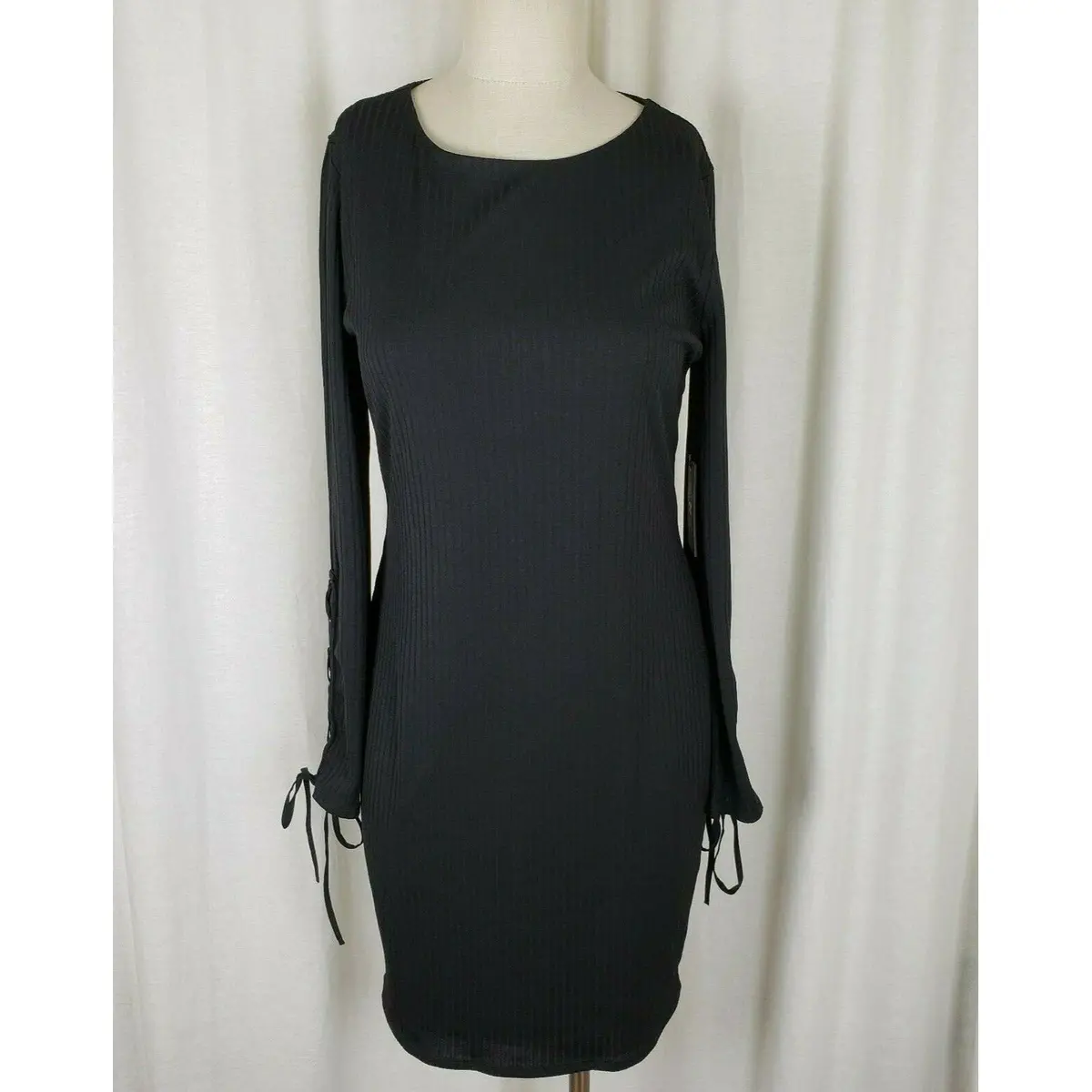Vince Camuto Black Ribbed Grommets Lace Up Sleeves Sheath Mini Dress Womens S 1