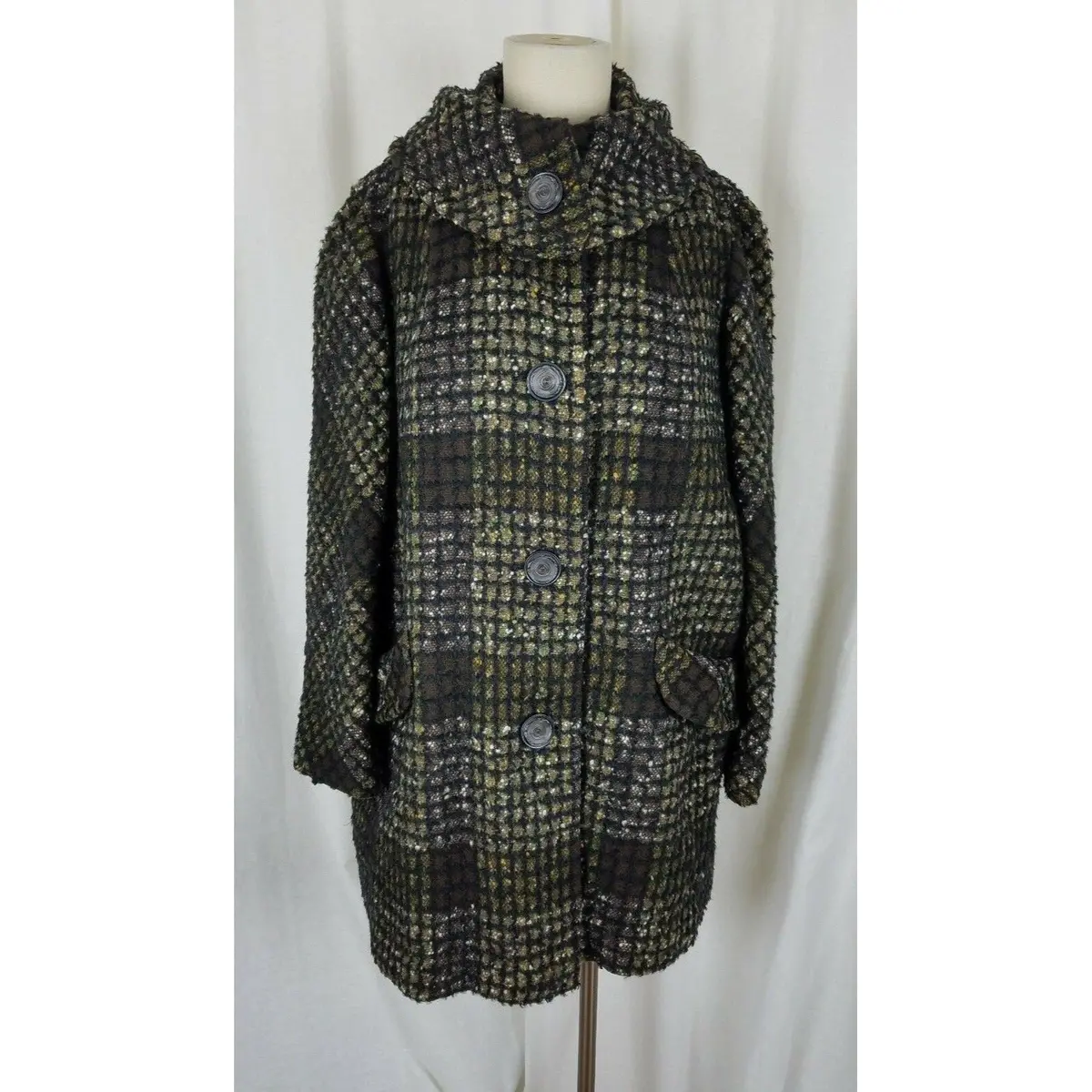 Vintage 50S Union Made Plaid Jackie O Mod Mcm Woven Wool Peacoat Coat Womens L 1