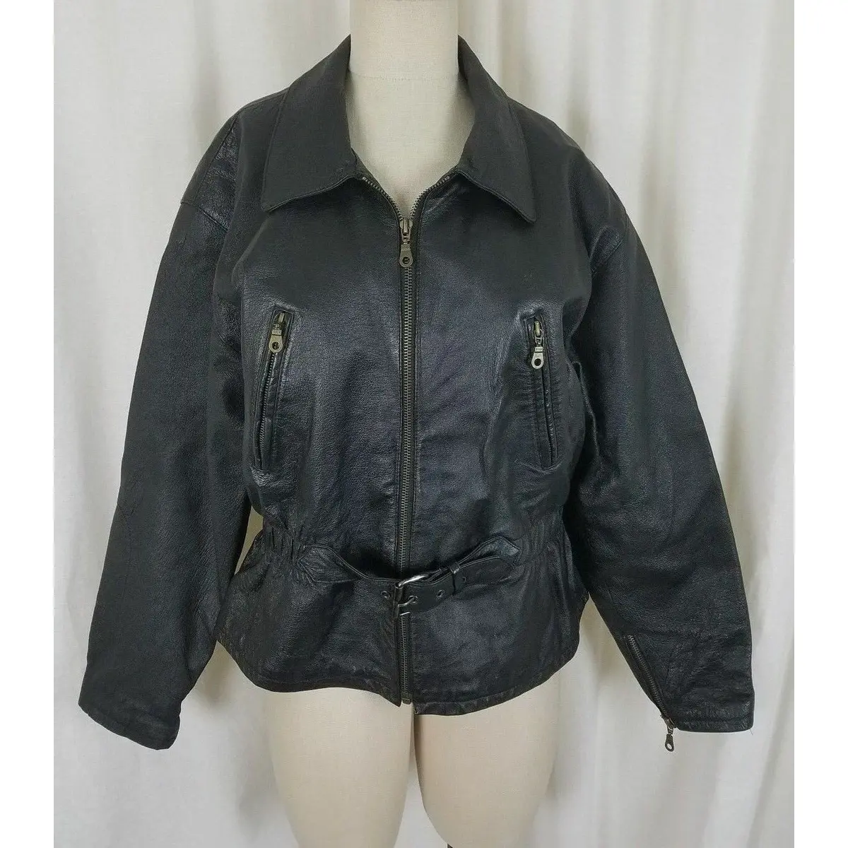 Vintage Hide Park Belted Black Leather Motorcycle Jacket Womens S M Fitted Zip 1