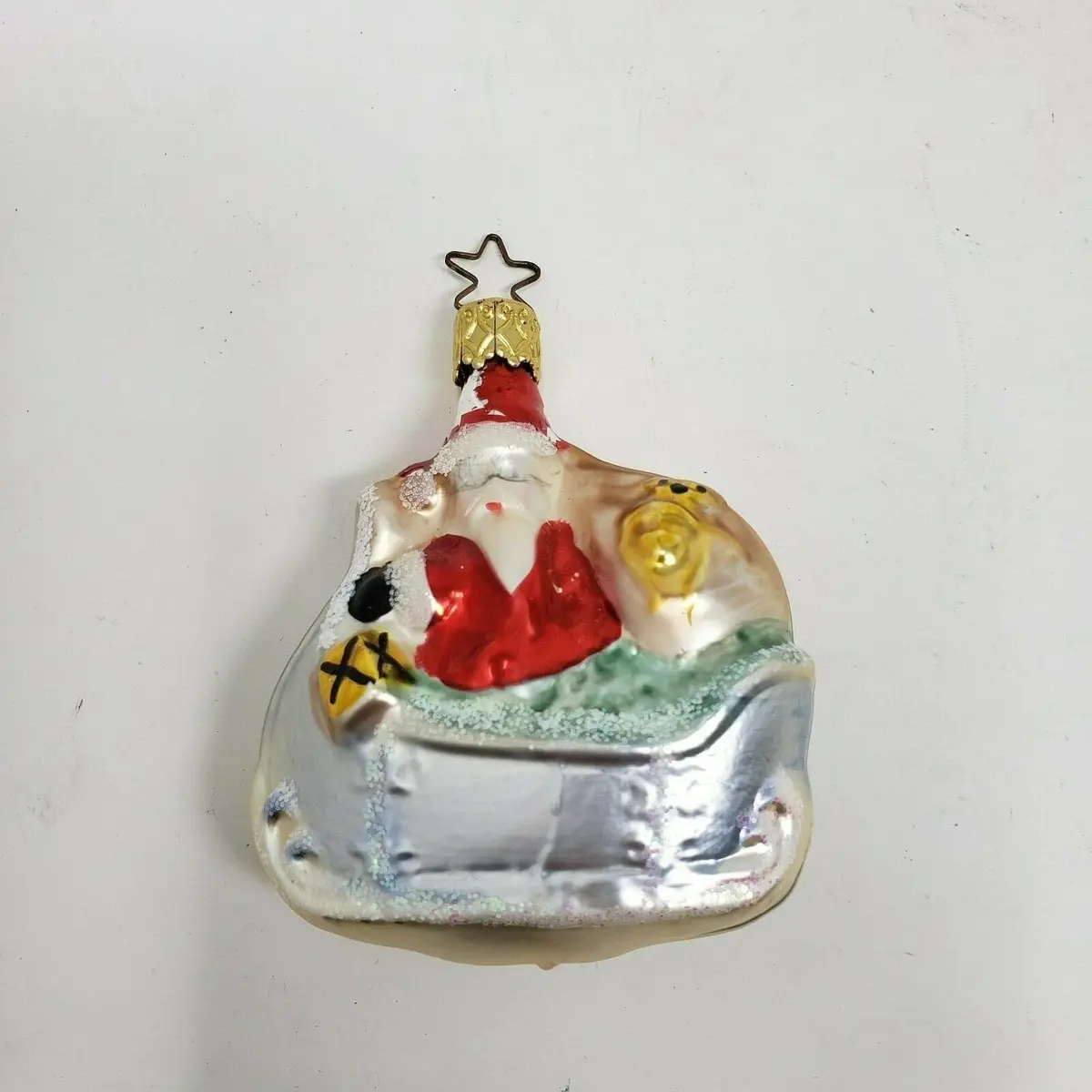 Vintage Painted Glass Figural Santa Claus In Sleigh Christmas Tree Ornament Spun 1