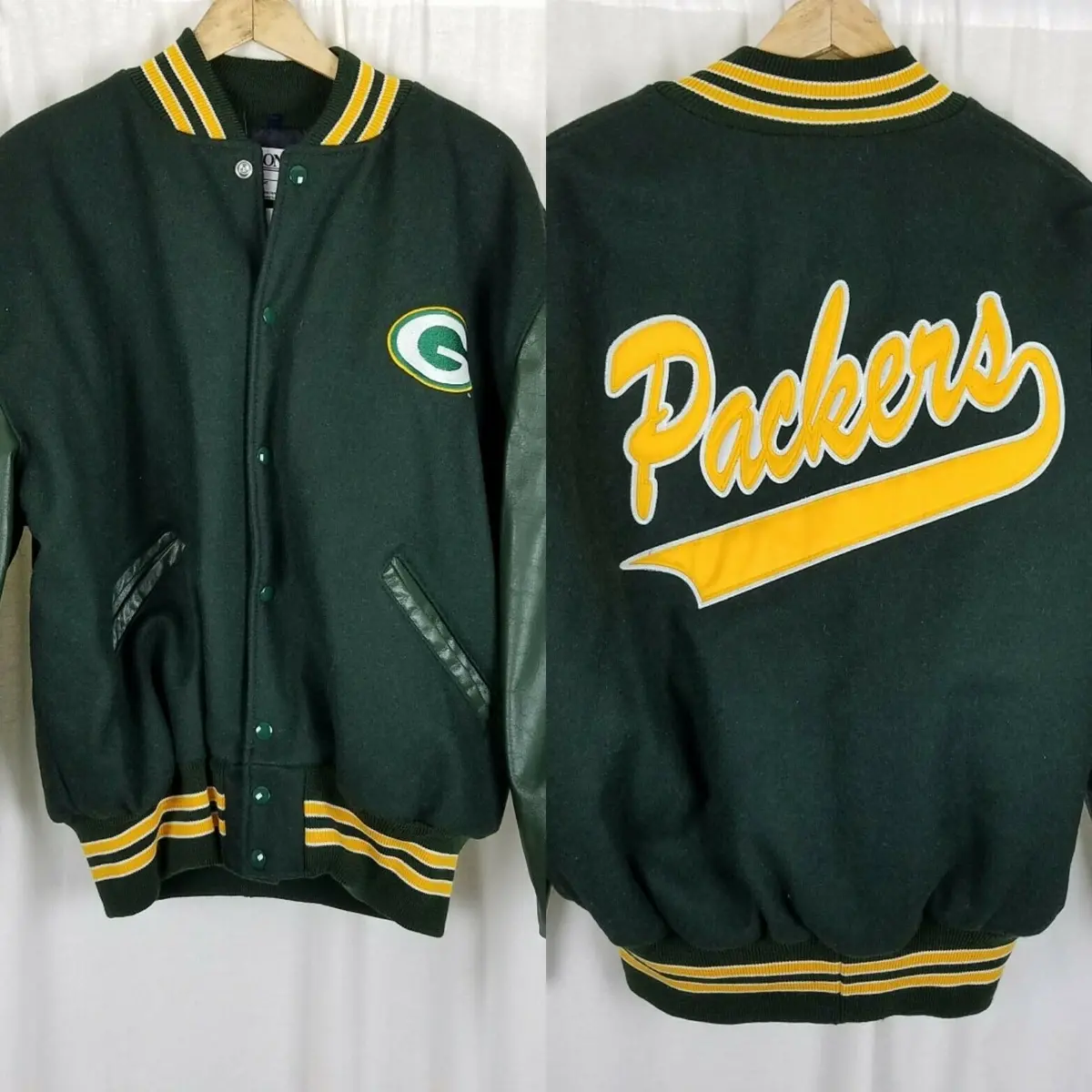 Vintage Delong Green Bay Packers Letterman Sports Jacket Wool Leather Mens Xl 1