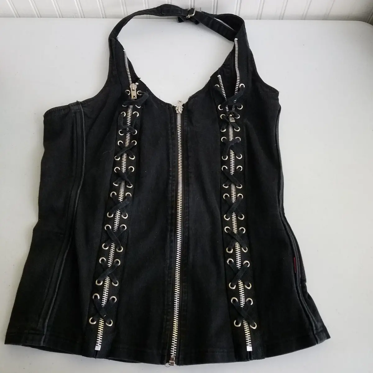 Vtg Y2k Tripp Nyc Black Halter Corset Top Lace Up Zippers Womens Xl Gothic 90S 1