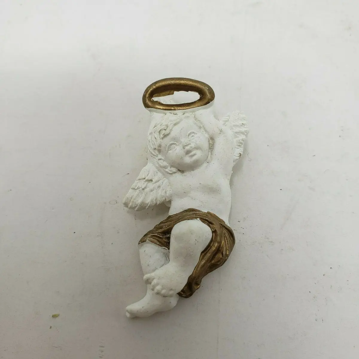 Vintage White & Gold Cherub Wearing A Halo Pin Brooch Christian Religious Church 1