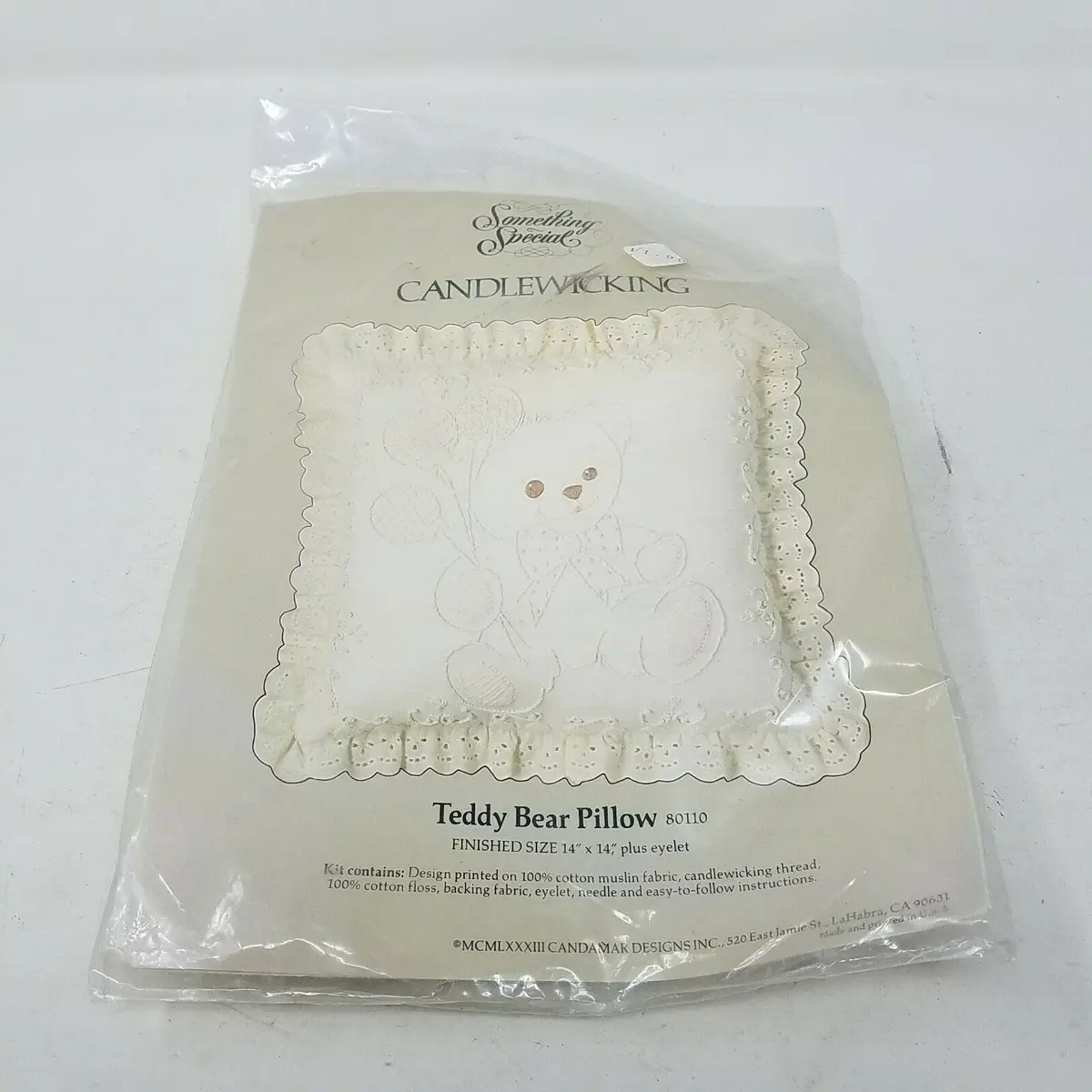 Something Special Candlewicking Teddy Bear Pillow Kit 80110 Balloons Eyelet Lace 1