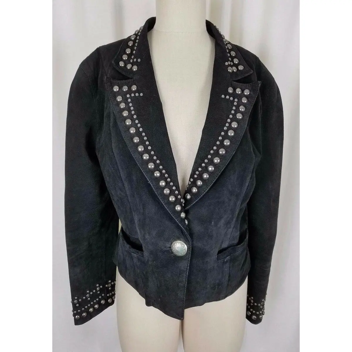 Vintage Frontier Collection Studded Black Leather Motorcycle Jacket Womens S M 1