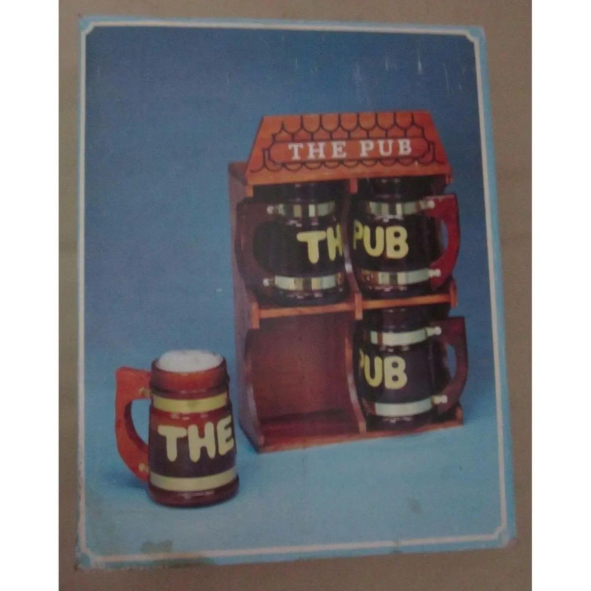 Wooden "The Pub" House Set Mid Century 70S Glass Wood Beer Steins Mugs Glasses 1