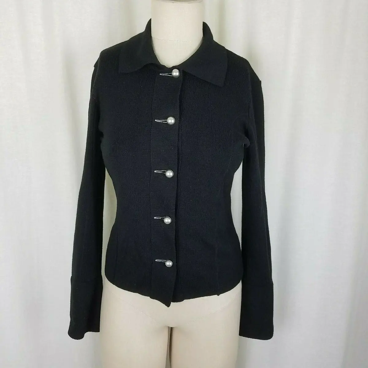 Clorinda Merino Wool Cardigan Sweater Jacket Womens S Black Collared Italy Top 1