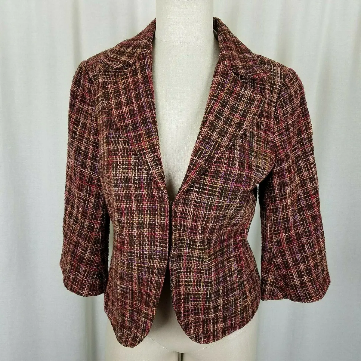Coldwater Creek Woven Plaid Cropped 3/4 Sleeve Wool Blend Jacket Blazer Womens 6 1
