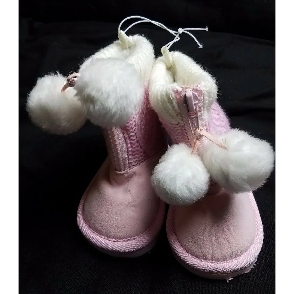 Ruby Pink Faux Shearling Knit Toddler Girls Baby Booties Boots Shoes Pom Poms 2 1