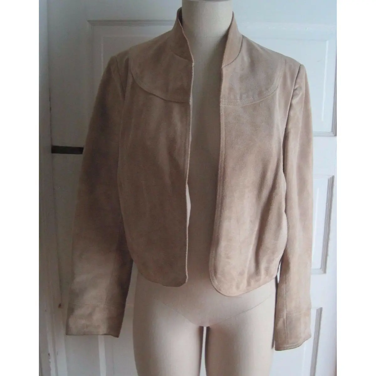 Filene's Cow Split Leather Cropped Open Front Stand Up Collar Jacket Womens Sz L 1
