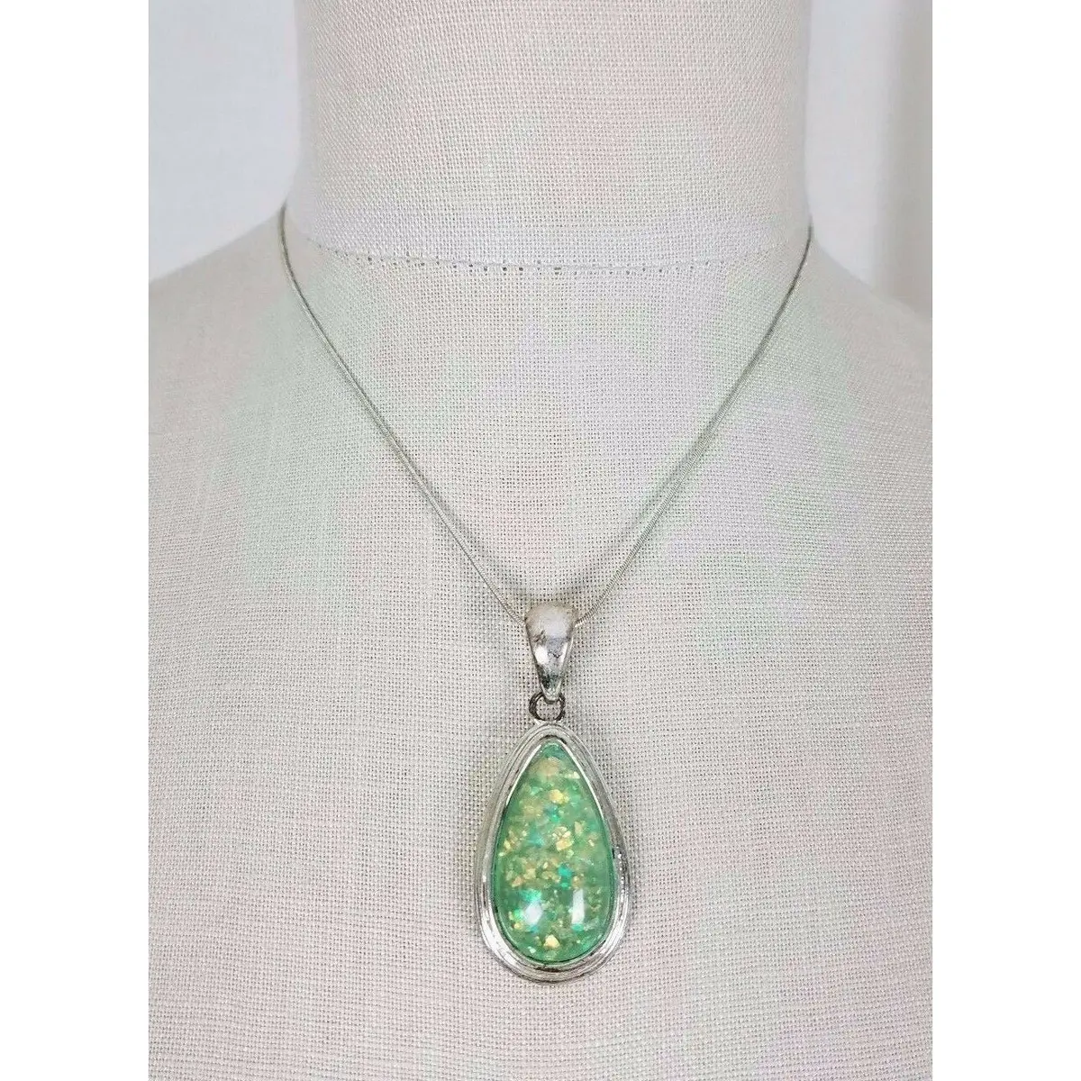 Faux Green Opal Pendant Necklace Confetti Silver Chain Statement Charm Resin 1