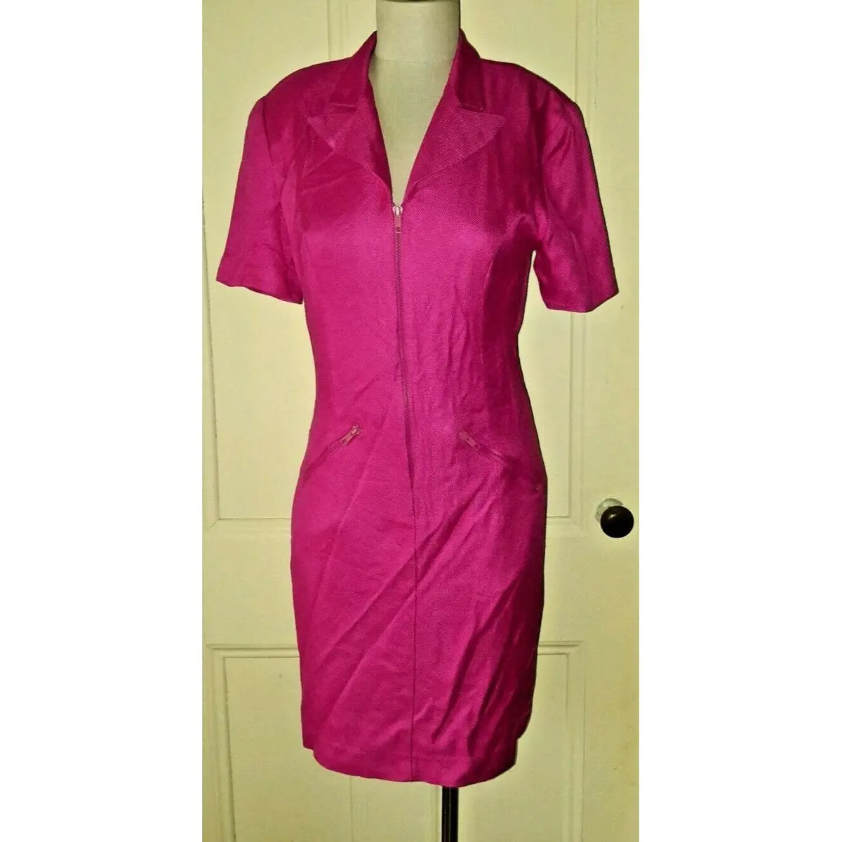 Vintage Santa Fe Woven Zip Up Front Hot Pink Fuchsia Bodycon Dress Womens 8 Sexy 1