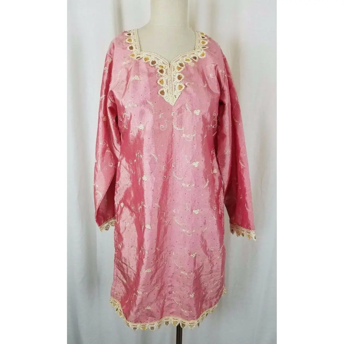 Vintage Indian Kurti Kurta Embroidered Tunic Dress Traditional Ethnic Satin S M 1