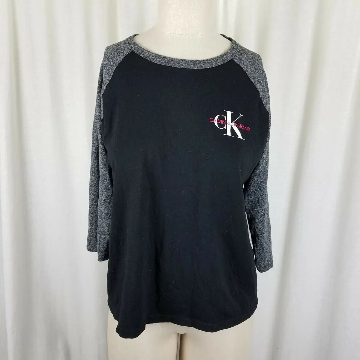 Calvin Klein Jeans Jersey Knit 3/4 Sleeve Baseball T-Shirt Top Womens L Stretch 1