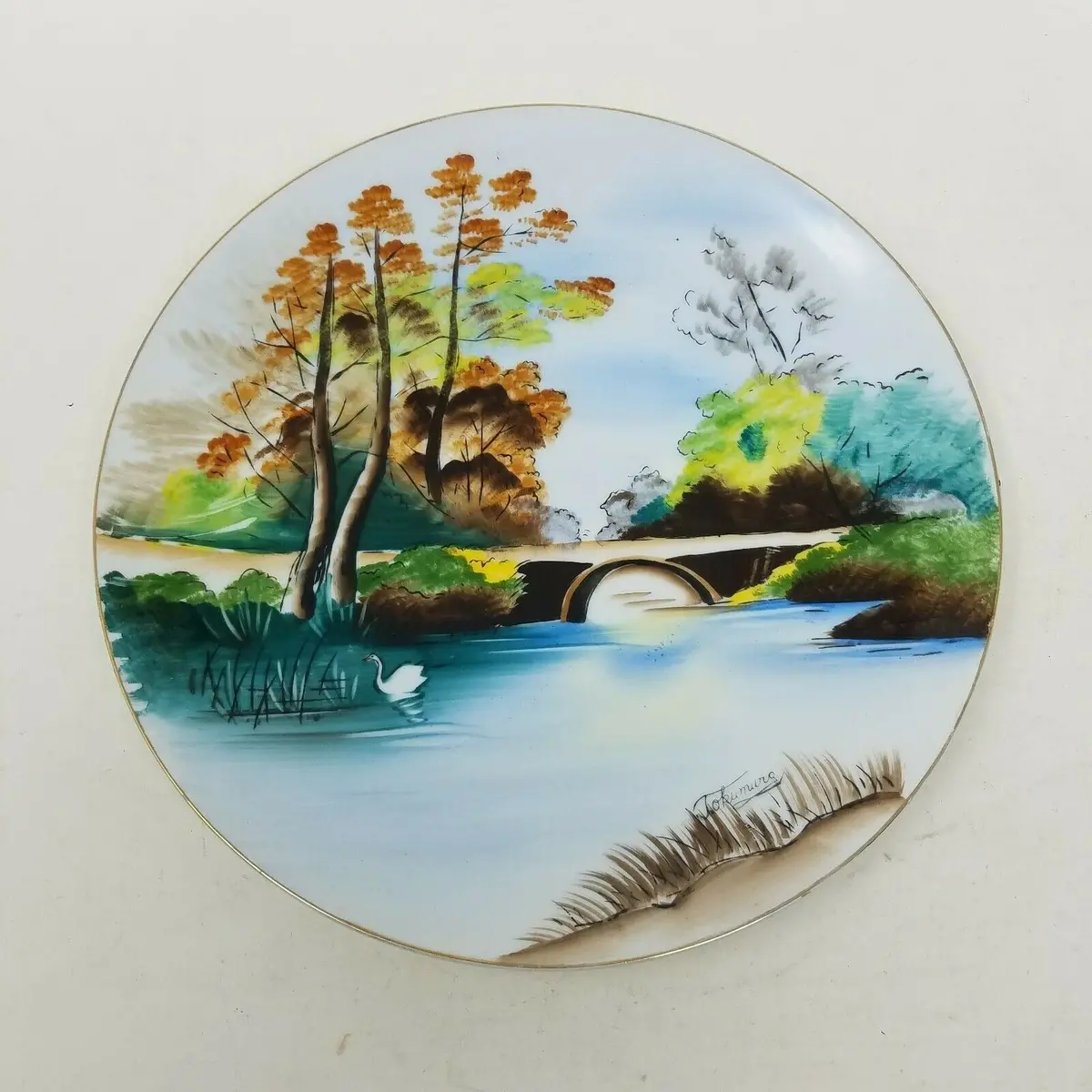 J. Okumura Decorative Plate Entirely Handpainted Landscape Print Vintage 10.5 In 1