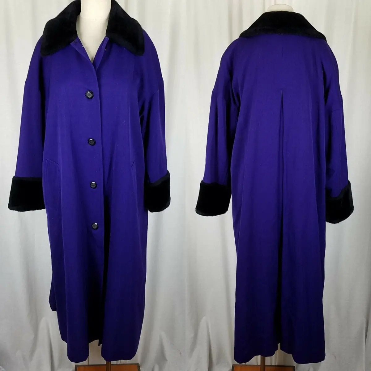 Bill Blass Fur Trim Lined Purple Wool Maxi 80S Swing Coat Aline Peacoat Womens 6 1