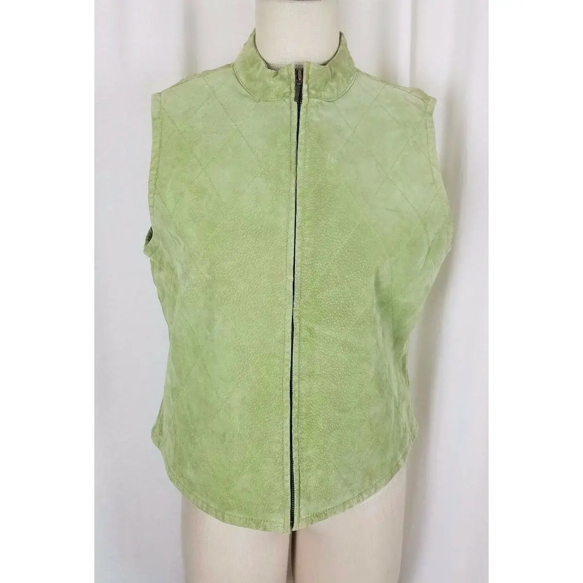 Catherine Stewart Quilted Lime Green Washable Suede Leather Zip Up Vest Womens L 1