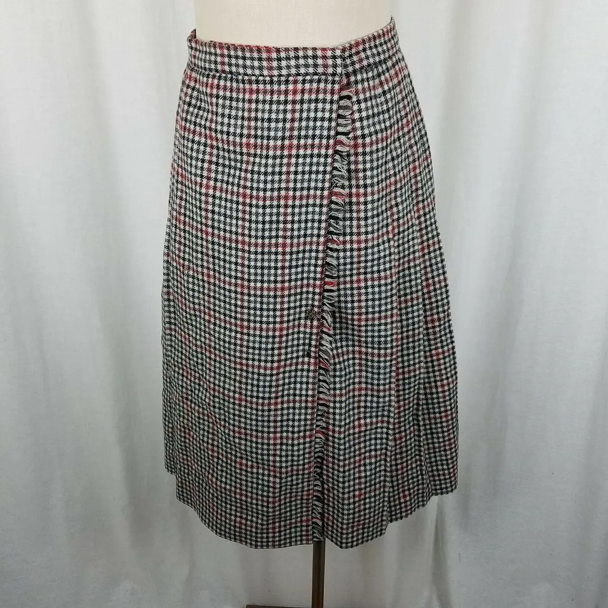 John Meyer Wool Checked Plaid Pleated Pinned Wrap Kilt Skirt Womens 10 Vintage 1