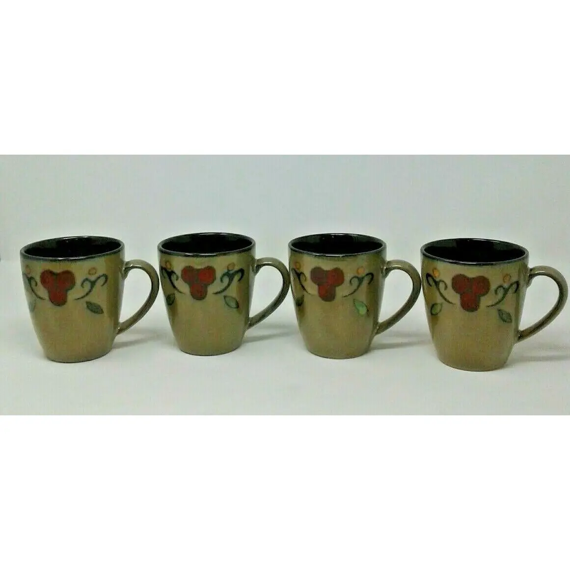 Sango Jubilee Black 4753 Red Berry Set Of 4 Coffee Hot Tea Handled Ceramic Mugs 1