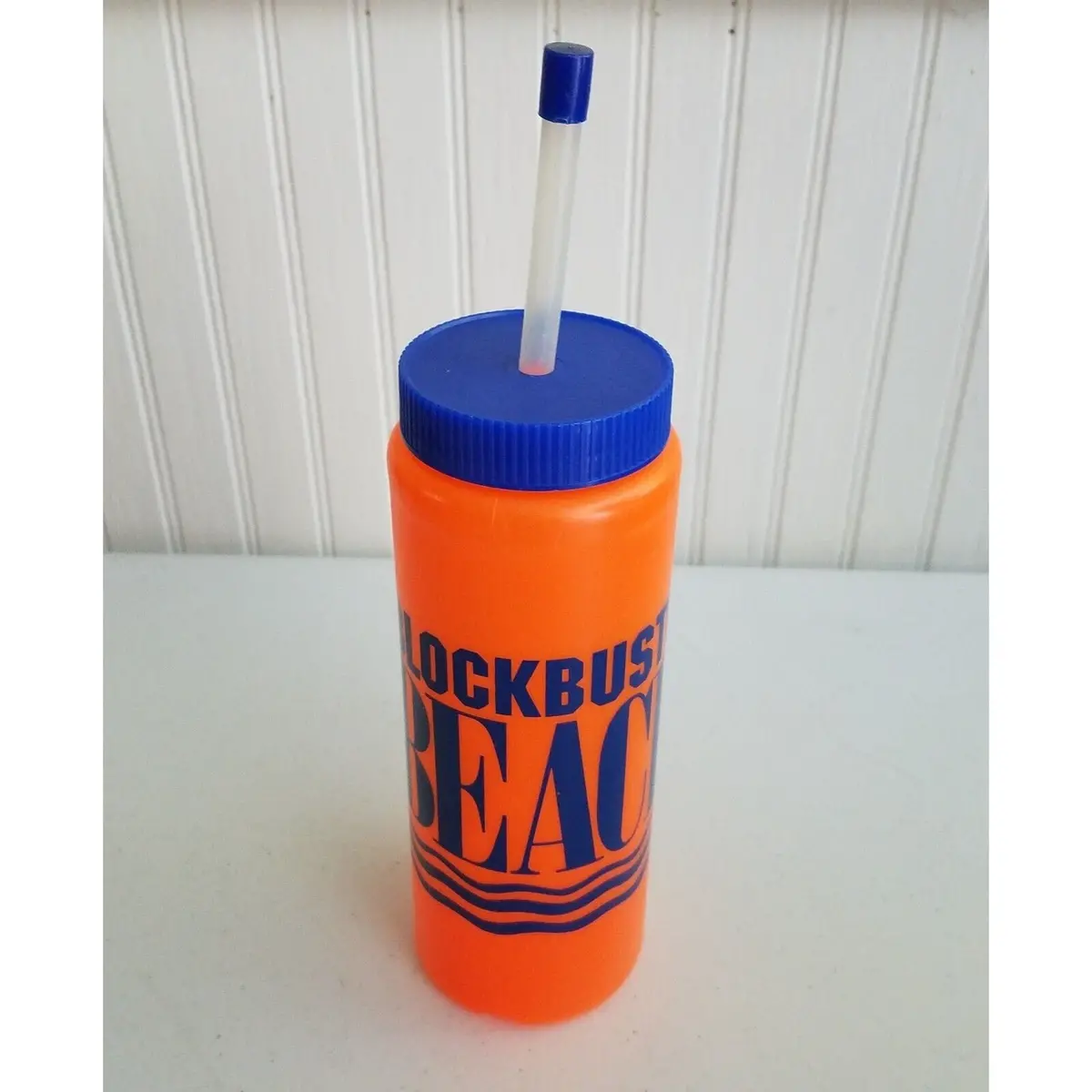 Vintage Blockbuster Beach Party Neon Orange Plastic Water Bottle 80S 90S Rare 1