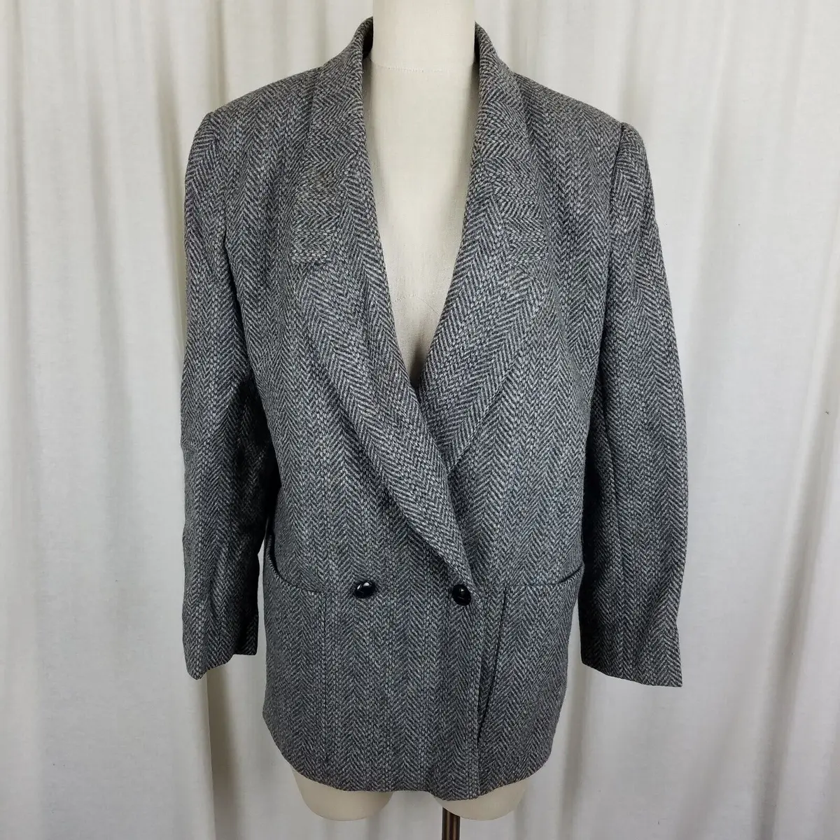Vtg Giorgio Sant Angelo Double Breasted Wool Herringbone Blazer Jacket Womens 12 1