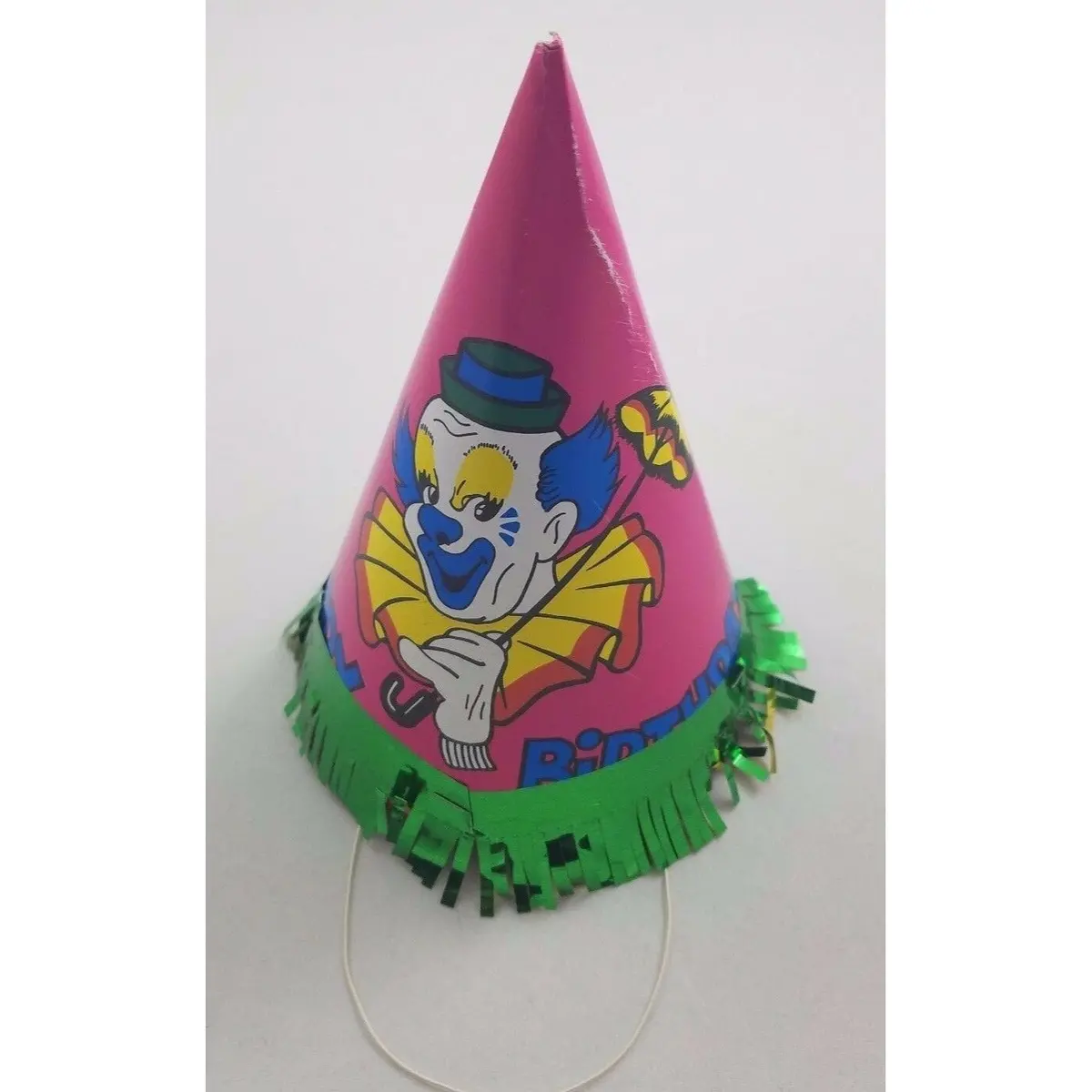 Vintage Circus Clown Happy Birthday Party Paper Cone Hat Pink Bozo Green Fringe 1