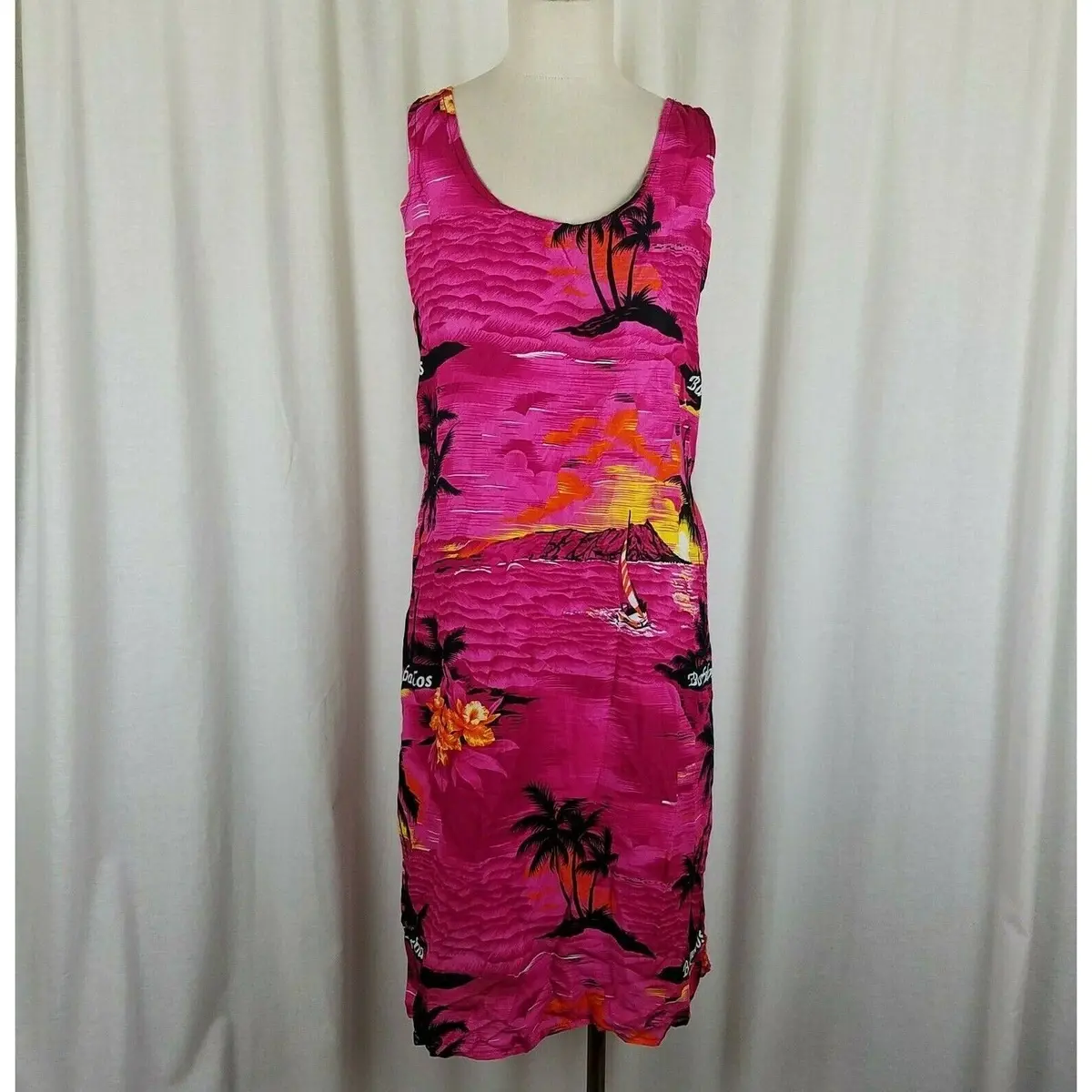 Barbados Hawaiian Tiki Hot Pink Scoop Neck Rayon Floral Tank Dress Womens M L 1