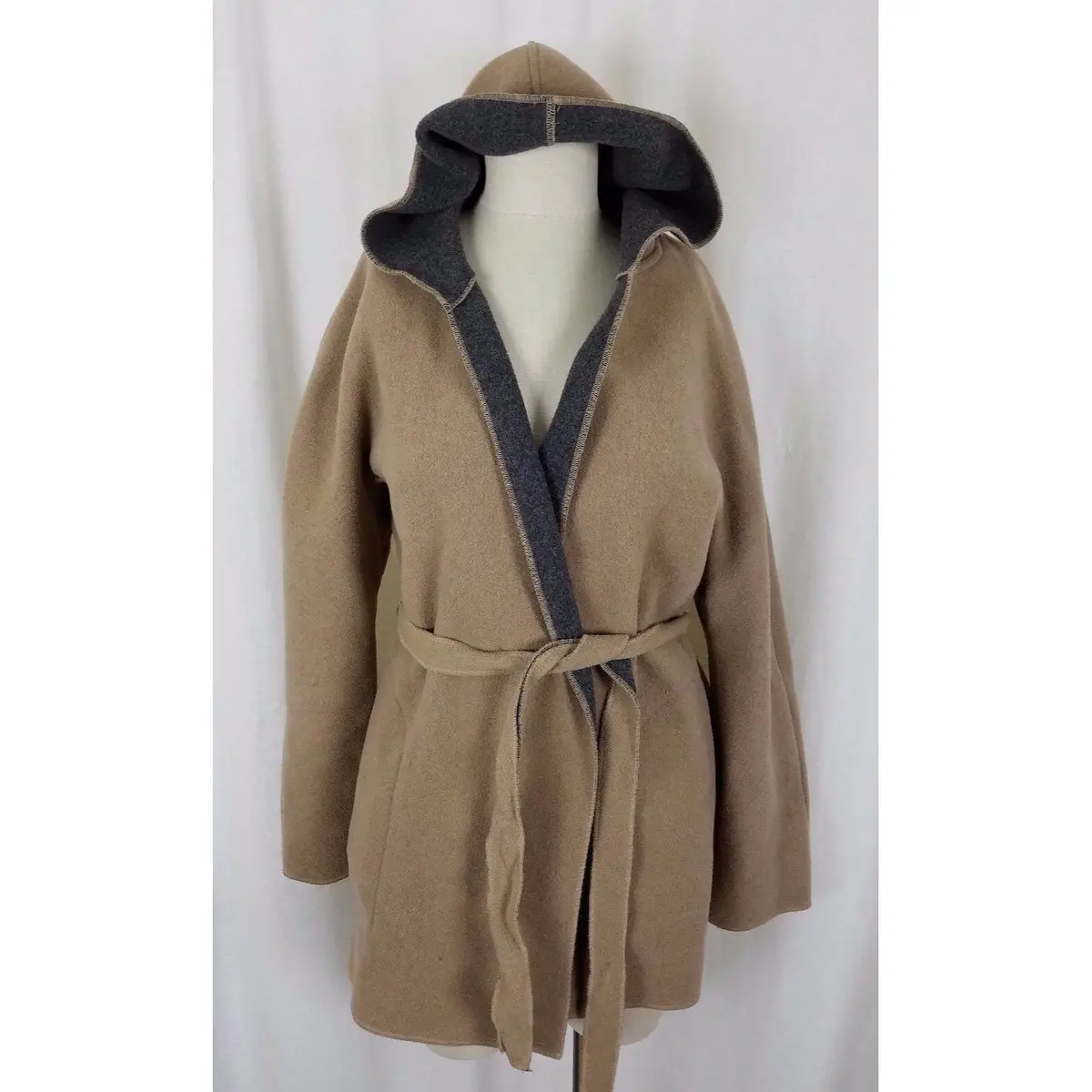 Gap Hooded Felted Wool Belted Tie Wrap Sweater Jacket Womens S Swing Oatmeal Tan 1