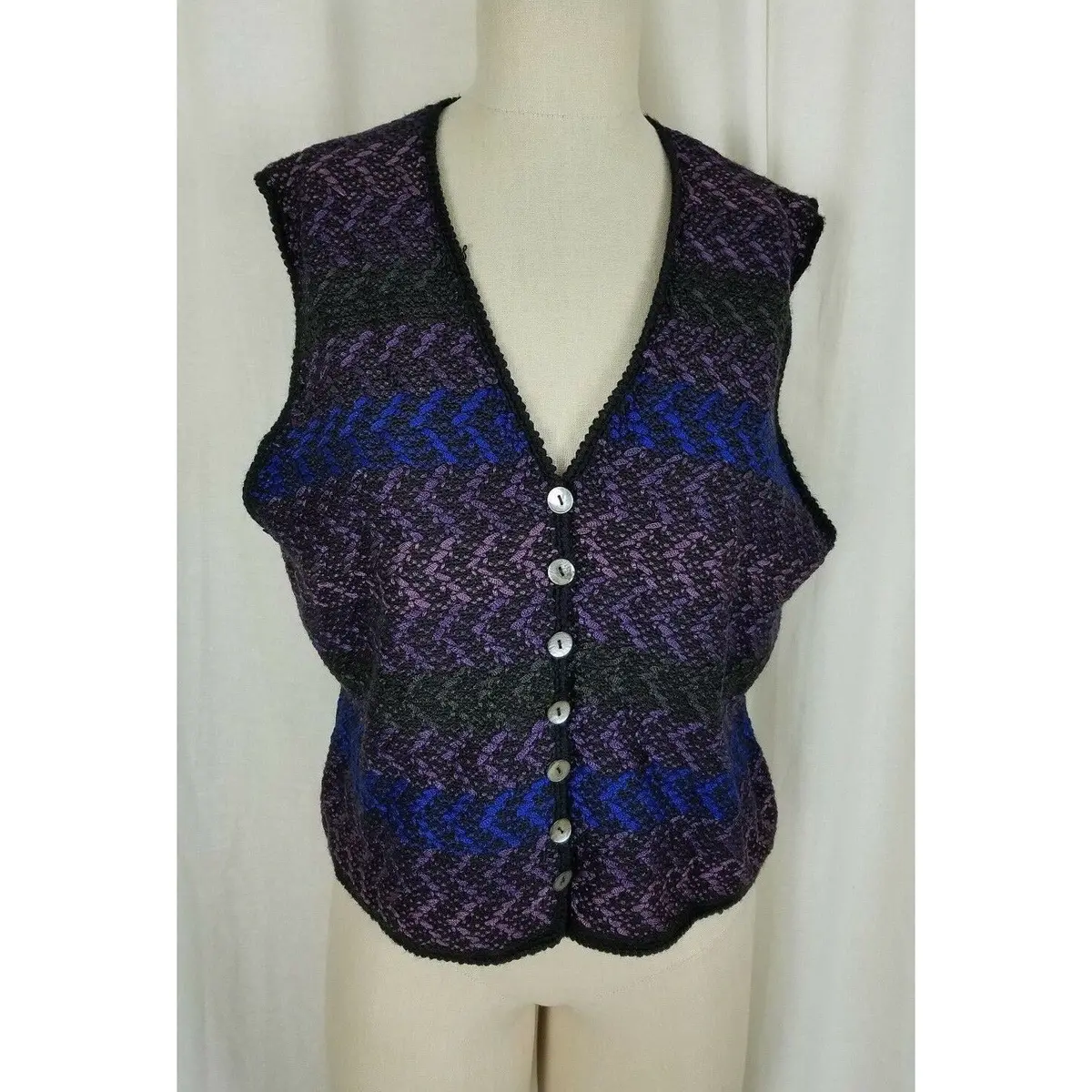 Vintage Talbots Wool Button Up Knit Sweater Vest Herringbone Striped Womens L 1